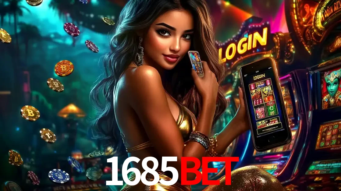 Mulher em um cenário de cassino temático de aventura, mostrando o app de caça-níqueis da 1685bet no celular. Fichas de apostas flutuam ao redor.